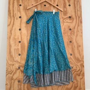 Silk Wrap Around Sari Skirt - Blue and gray